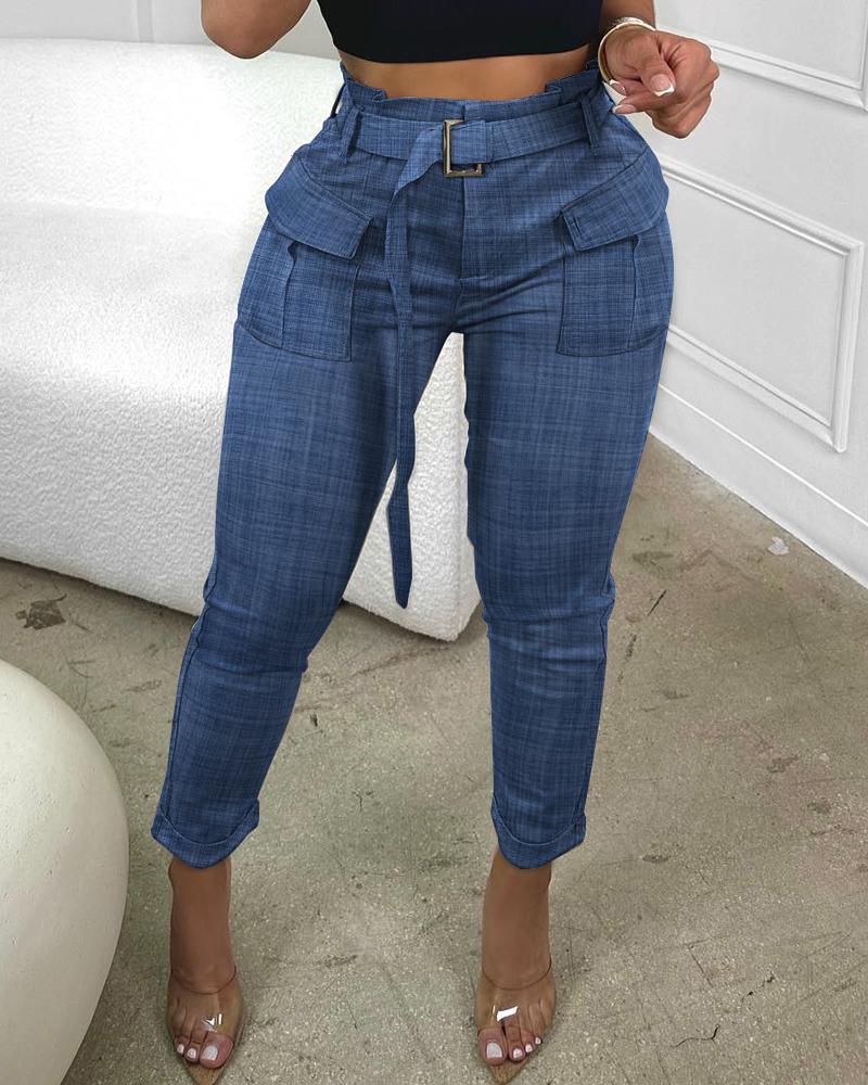 

Pocket Design Belted Work Pants, Blue