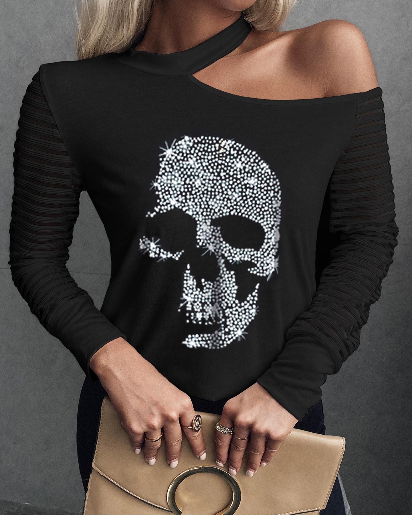 

Studded Skull Pattern Cold Shoulder Mesh Long Sleeve Top, Black