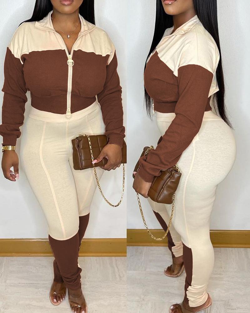 

Colorblock Patchwork Zip Up Top & Pants Set, Khaki
