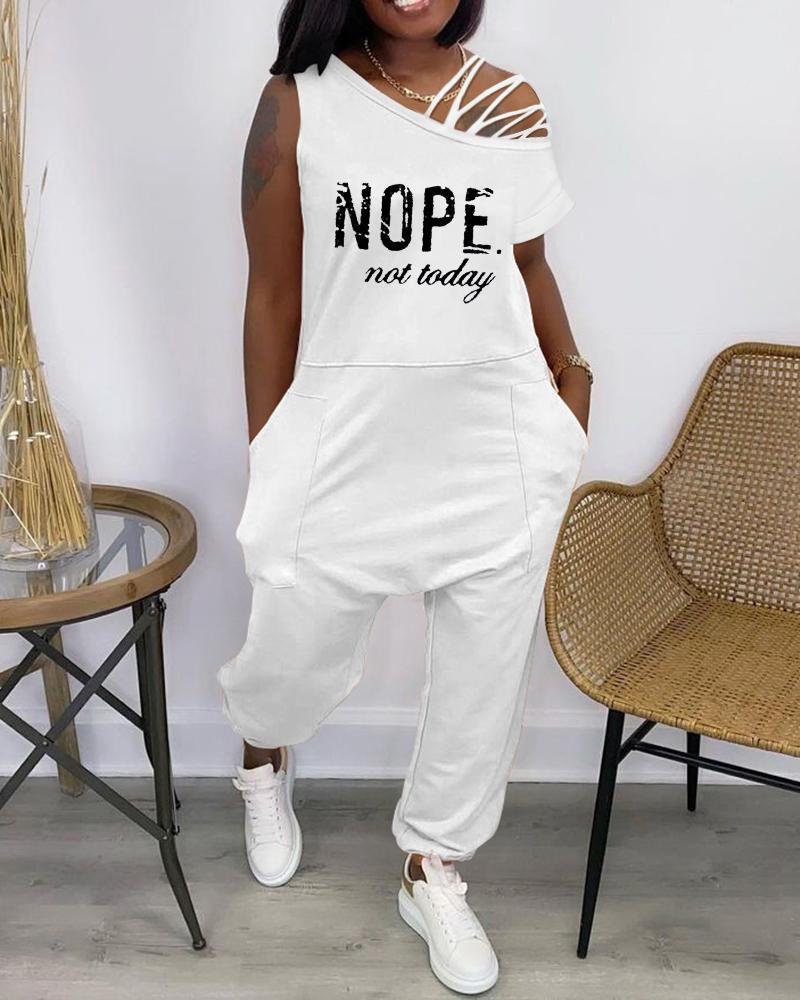 

Letter Print Lace-up Cold Shoulder Jumpsuit, White