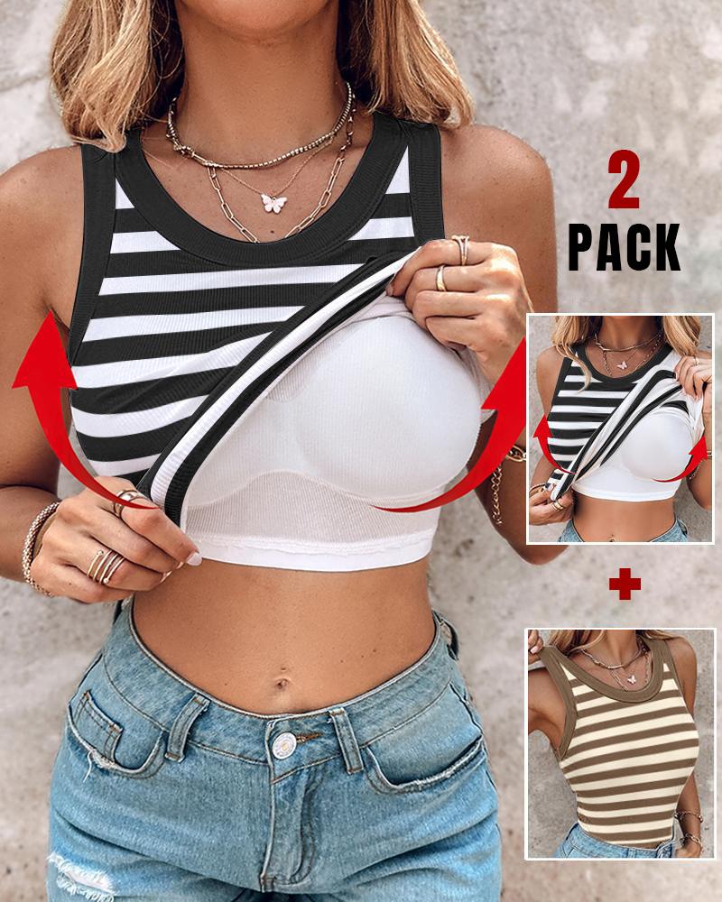 

Lot de 2 soutiens-gorge intégrés ChicMe Débardeur côtelé à rayures et col rond avec soutien-gorge intégré, Style3