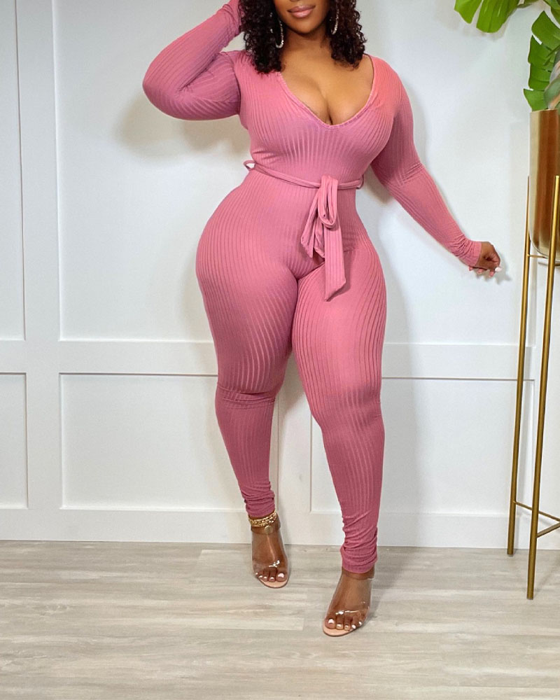 

Long Sleeve Skinny Belted Jumpsuit, Pink