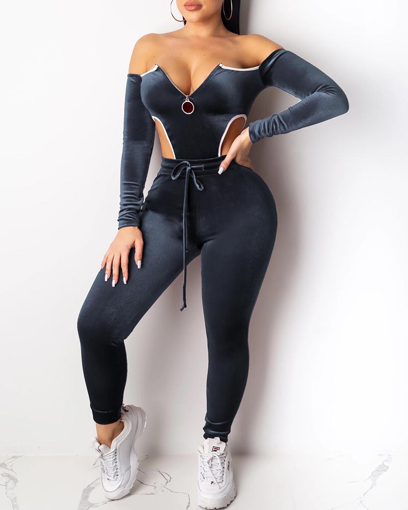 

Velvet Zip Front Off Shoulder Bodysuit & Pants Set, Gray