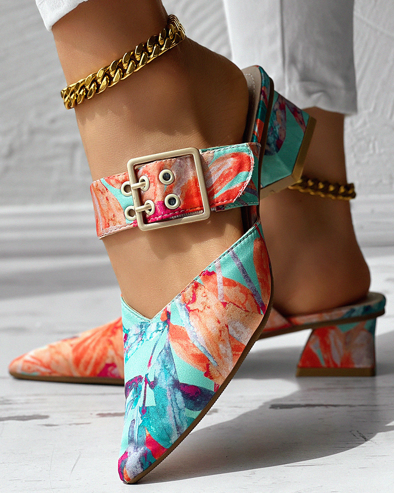 

Plants Print Buckled Point Toe Chunky Sandals, Orange&blue