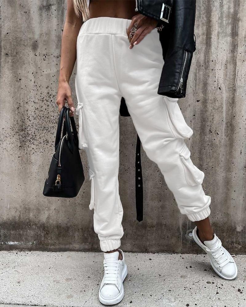 

Pocket Design High Waist Sweatpants, Beige