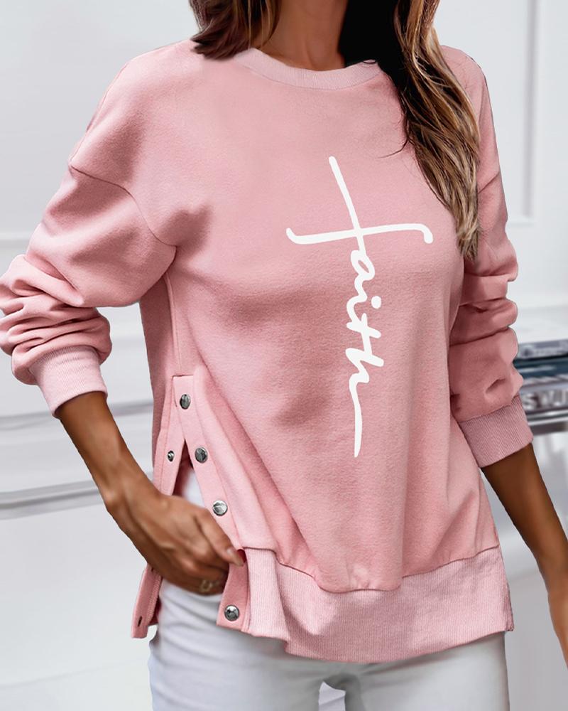 

Faith Print Long Sleeve Buttoned Sweatshirt, Pink