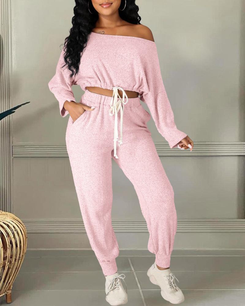 

Ribbed Off Shoulder Drawstring Crop Top & Pants Set, Pink