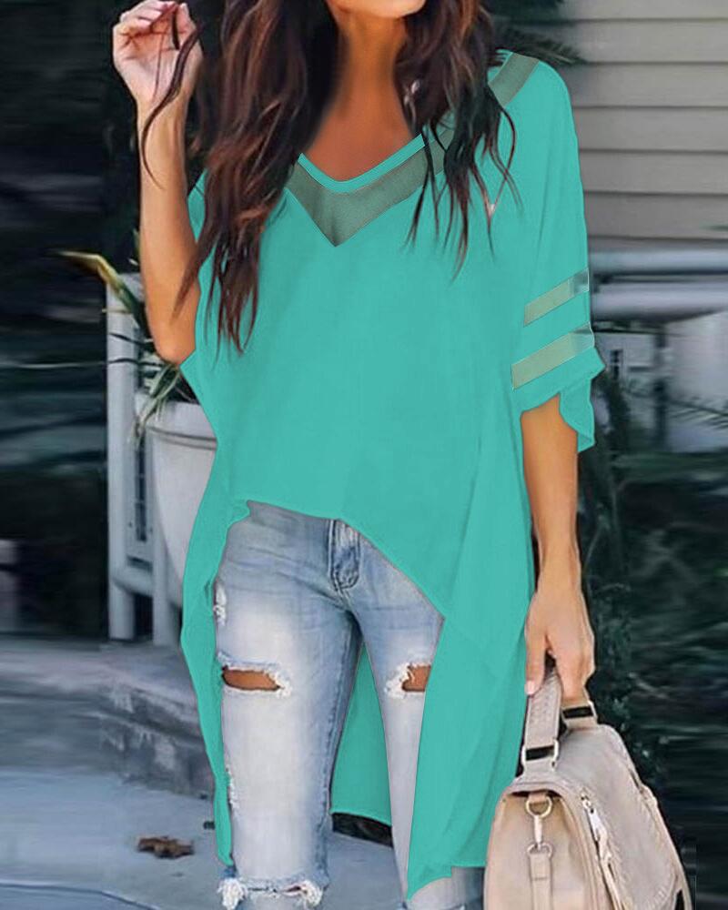 

Contrast Mesh Batwing Sleeve High Low Hem Top, Green