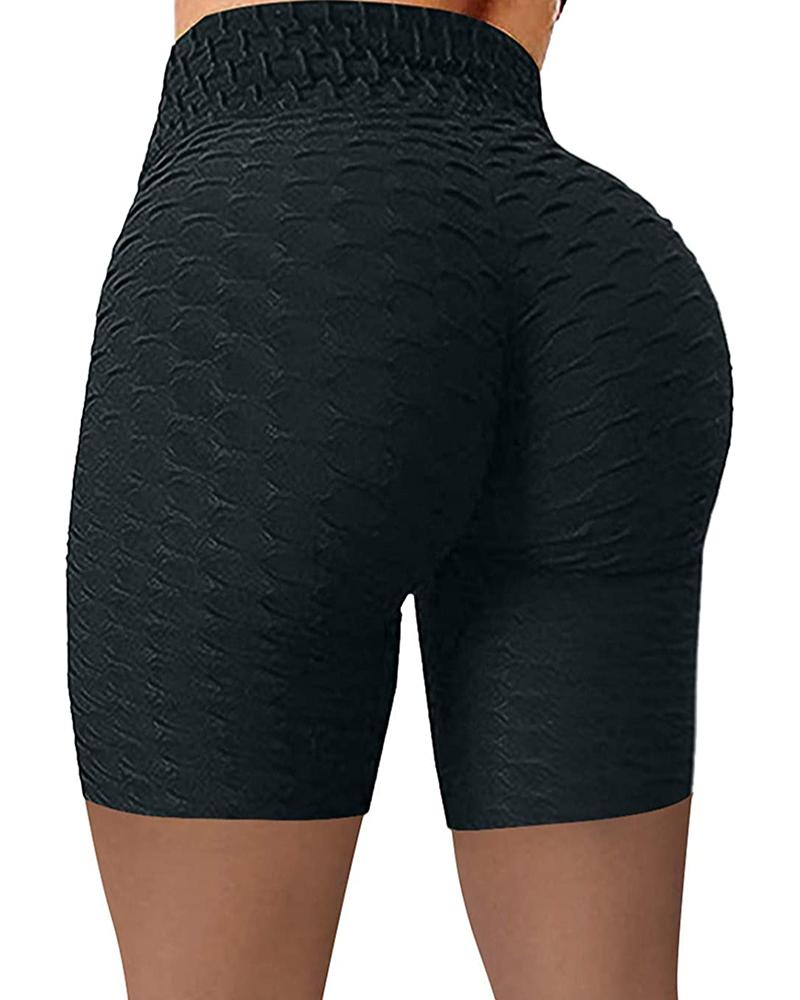 

High Waisted Yoga Leggings Running Sports Fitness Gym Bubble Textured Butt Lifting Shorts, Black
