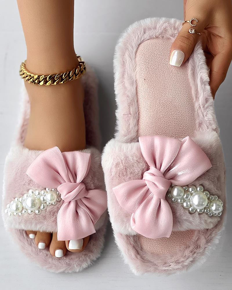 

Fuzzy Bowknot Pearls Decor Slippers, Pink