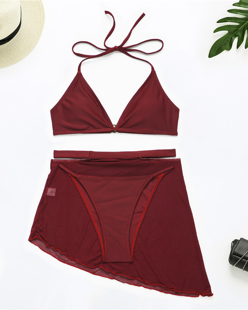 

Halter Bikini Set With Cutout Cover Up Skirt, Wine red
