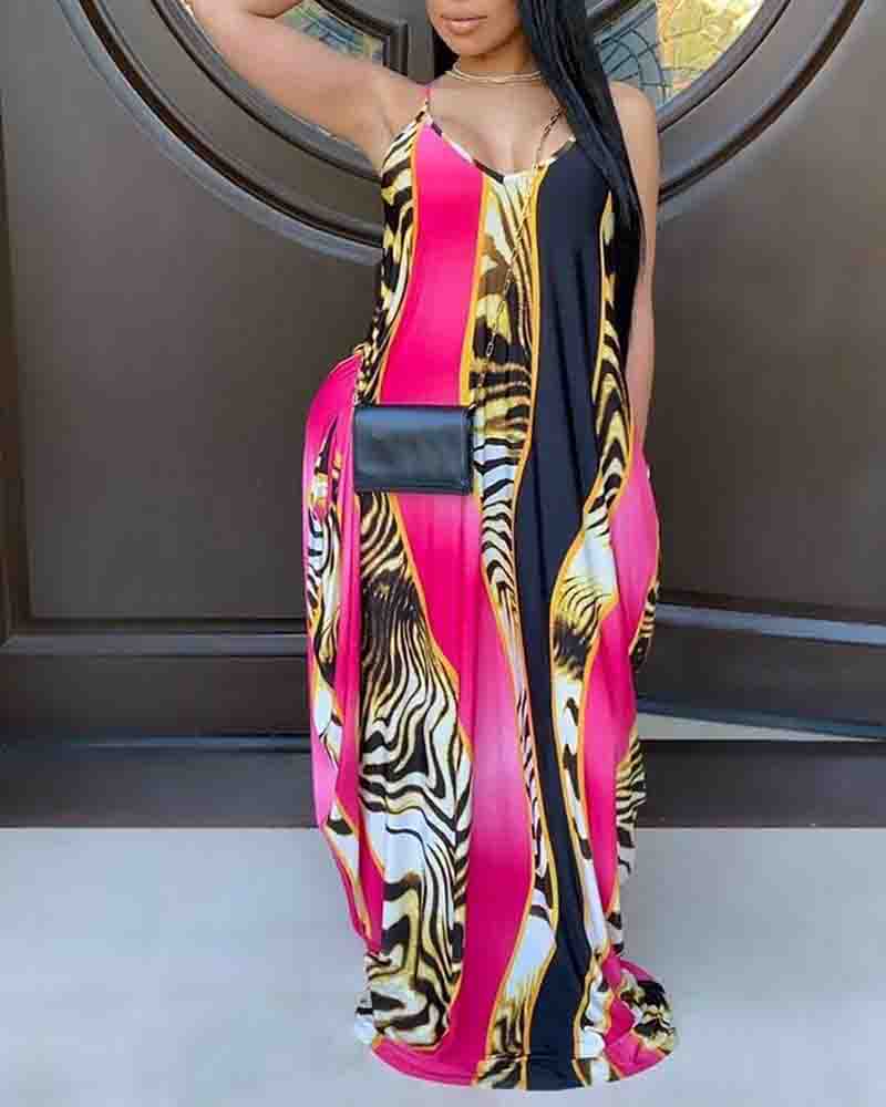 

Animal Print Pocket Detail Spaghetti Strap Maxi Dress, Red
