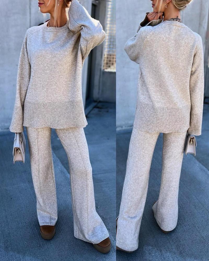 

2 Piece Crewneck Bell Sleeve Pullover Sweater Slit Hem Casual Pants Outfits Lounge Set, Apricot