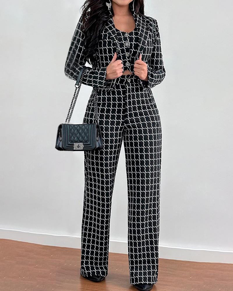 

Plaid Print Shawl Collar Buttoned Blazer Coat & Pants Set, Black