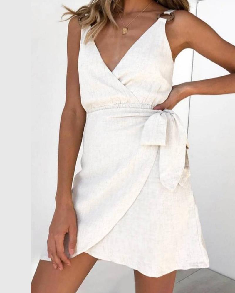 

O-Ring Decor Tied Detail Wrap Mini Dress, White