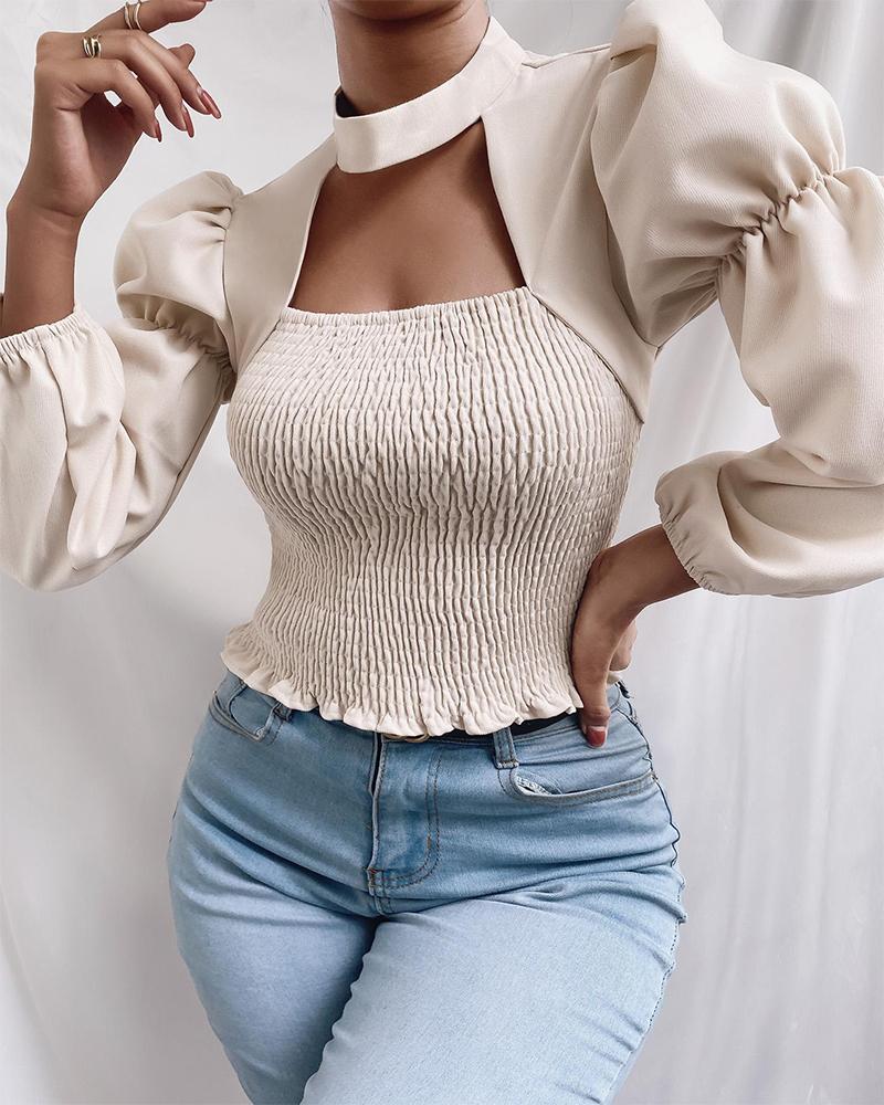 

Puff Sleeve Cutout Shirring Detail Frill Hem Top, Beige