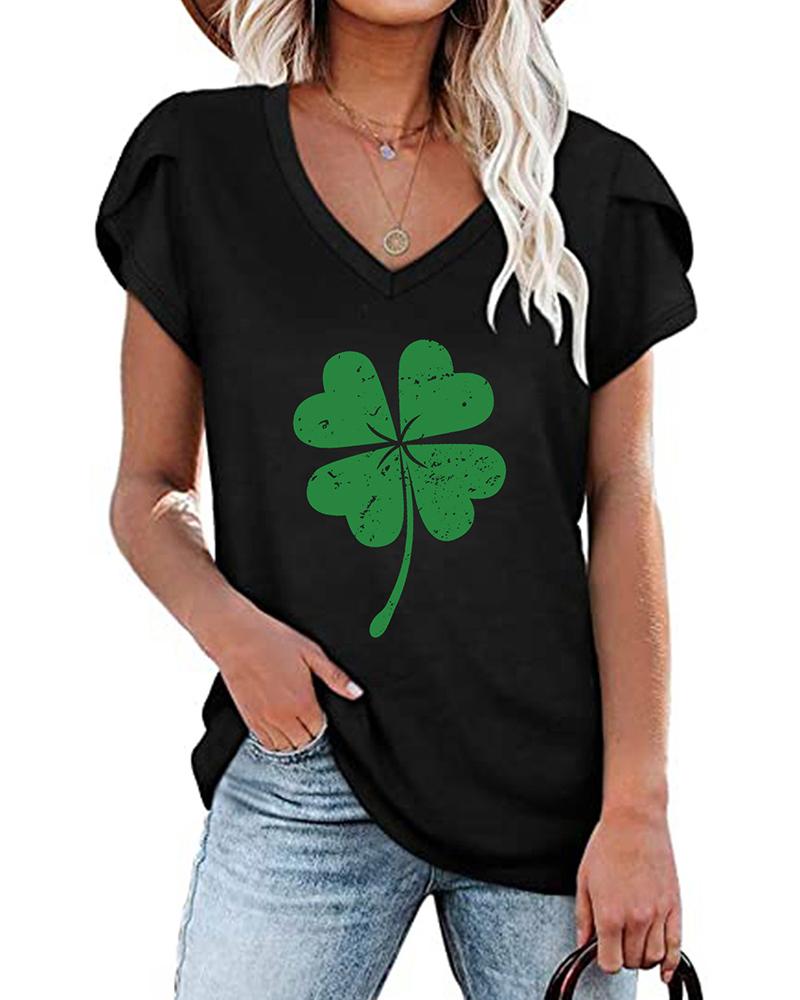 

St. Patrick's Day Clover Print V-Neck Casual T-shirt, Black