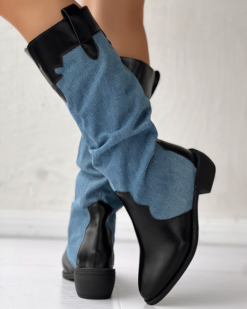 

Colorblock Cowboy Style Chunky Heel Calf Boots, Blue