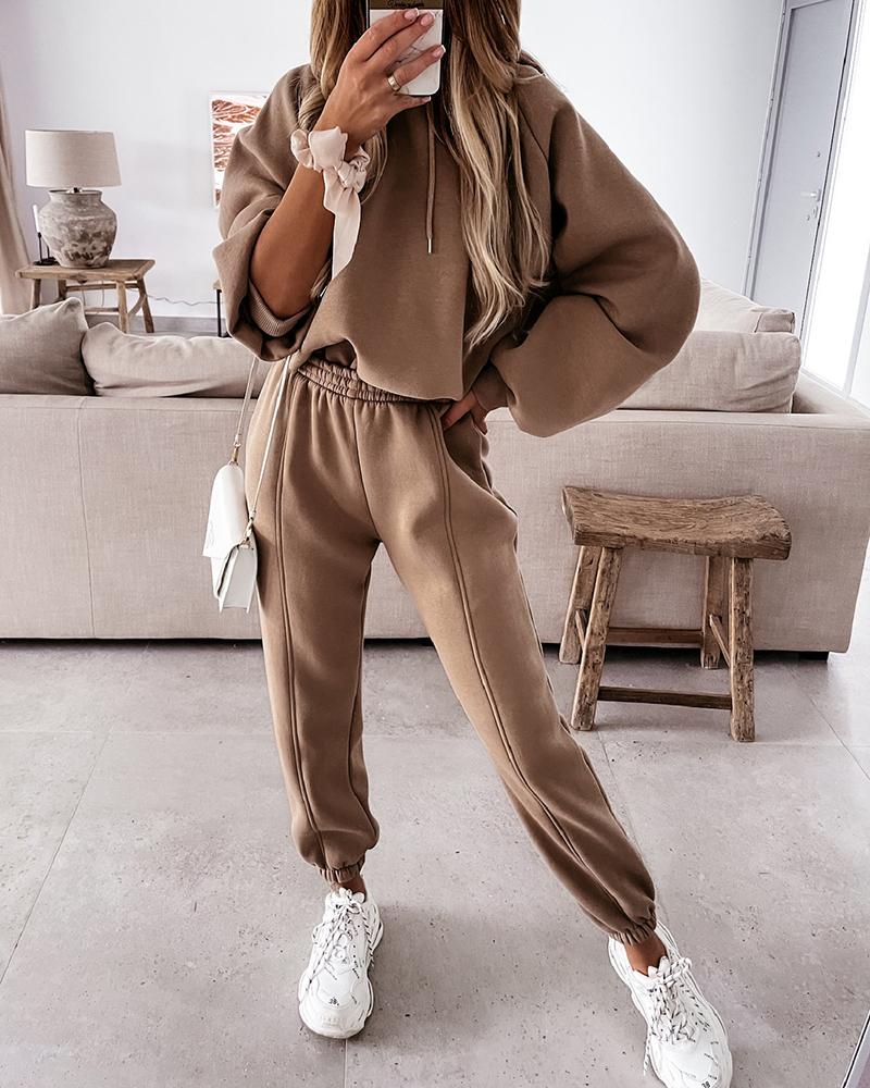 

Long Sleeve Hooded Sweatshirt & Pocket Design Pants Set, Khaki