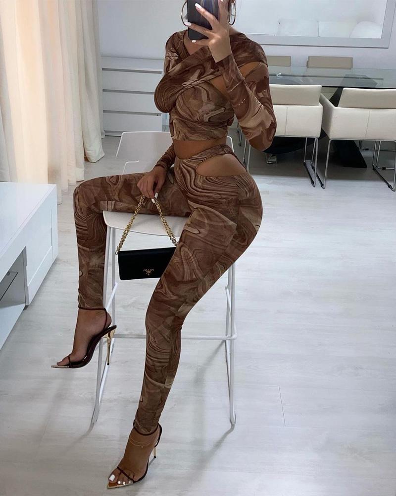 

Marble Print Long Sleeve Wrap Crop Top & Cut-Out Pants Set, Brown