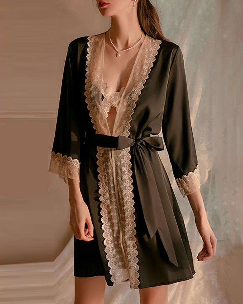 

Satin Lace Trim Bell Sleeve Robe With Belt, Black