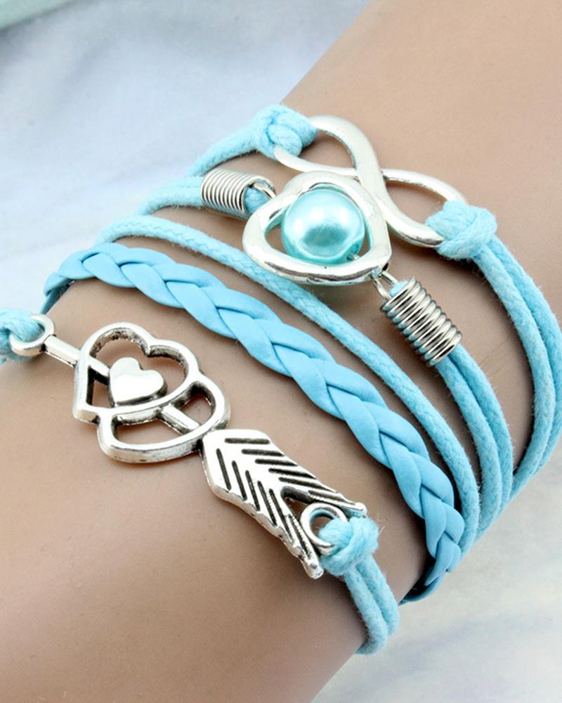 

1pc Double Heart Pearl Decor Multi-Layer Braided Leather Bracelet, Sky blue