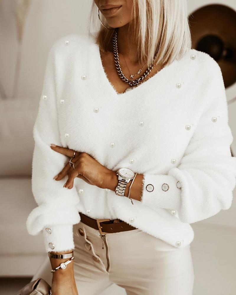 

Pearls Decor Buttoned Long Sleeve Sweater, White
