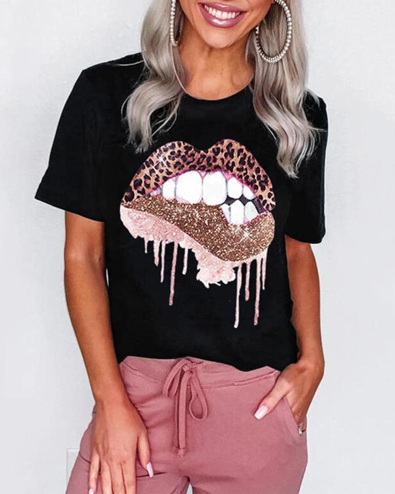 

Women' Graphic Tee Leopard Lip Print Casual T-shirt, Black