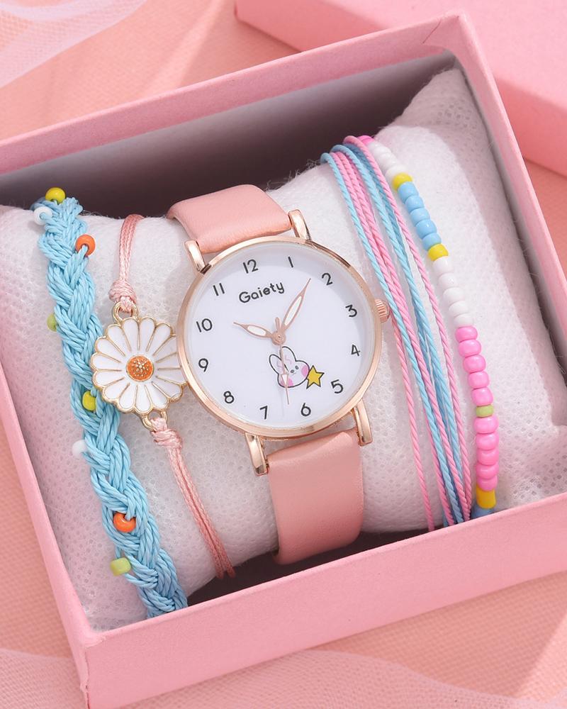 

Rabbit Print Pointer Quartz Watch & Bracelet Set, Pink