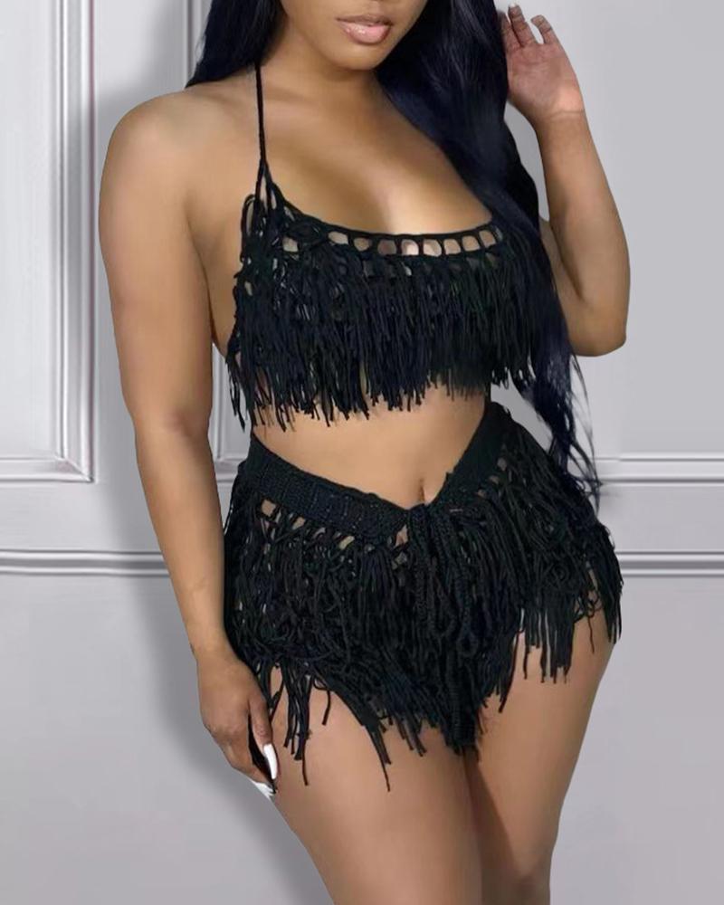 

Spaghetti Strap Crop Crochet Top & Tassel Design Shorts Set, Black