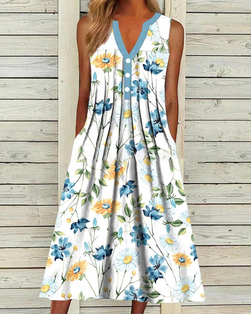 Floral Print Pleated Design Sleeveless Casual Dress