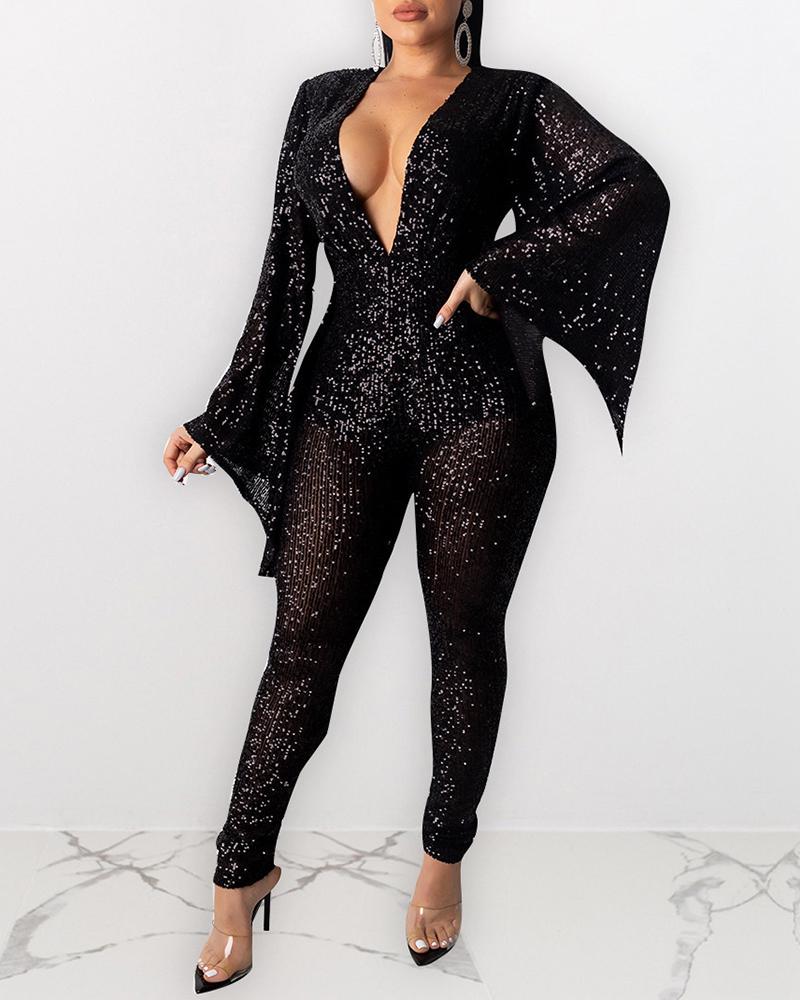 

Plunge Allover Sequins Bell Sleeve Skinny Jumpsuit, Black