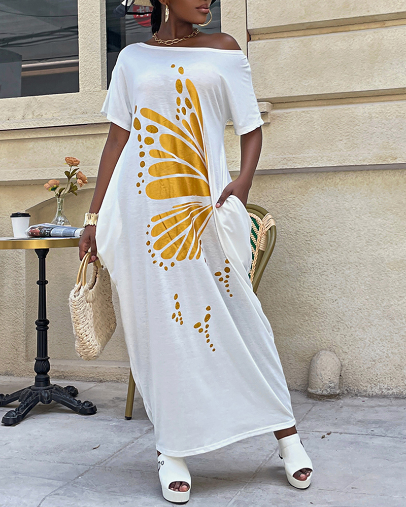 

Metallic Butterfly Pattern Pocket Detail Maxi Dress, White