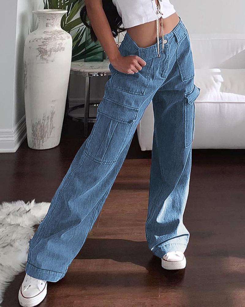 

Pocket Design Straight Leg Denim Cargo Pants, Blue
