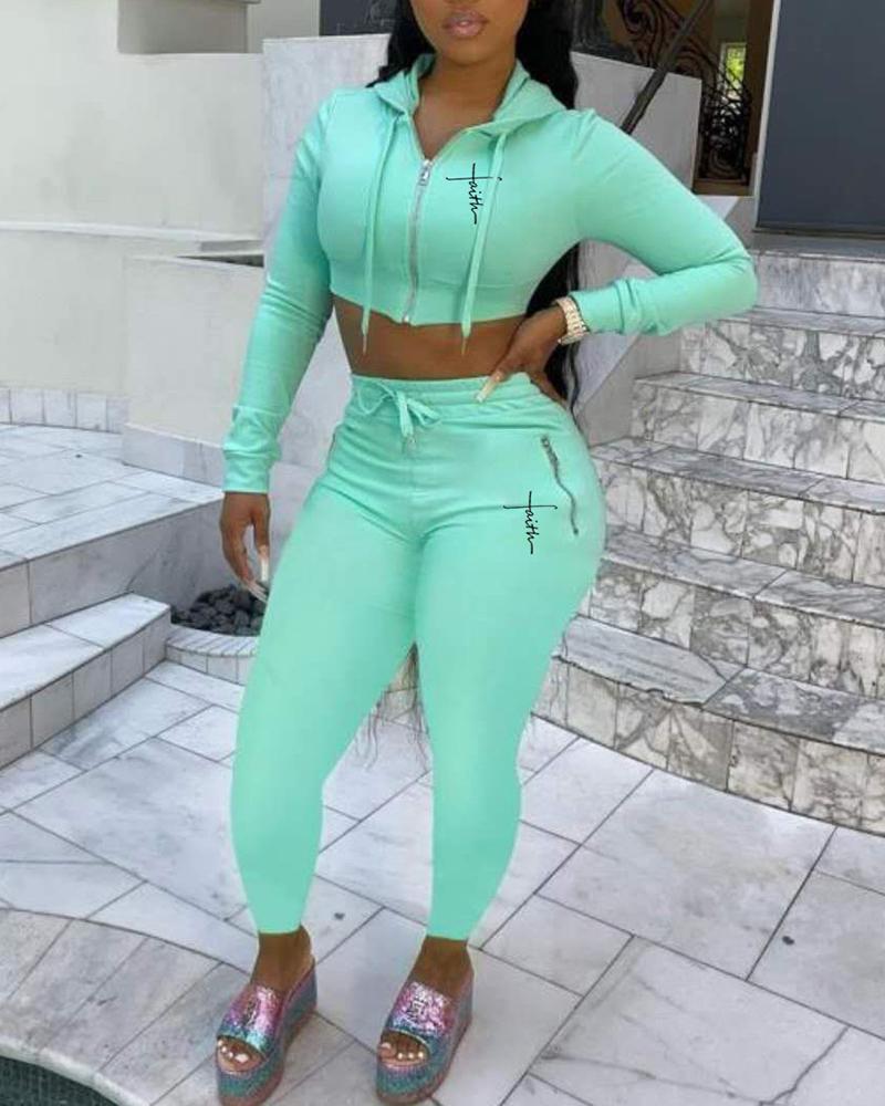 

Long Sleeve Letter Print Hooded Top & Pants Set, Green