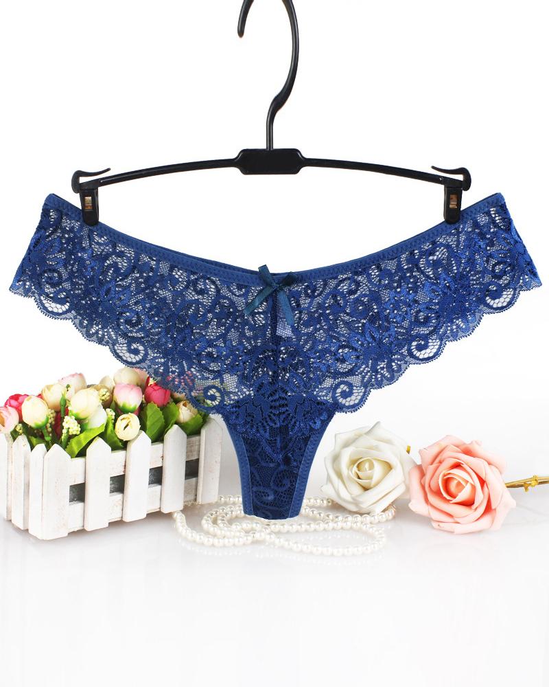 

Bowknot Decor Lace Thong Panty, Dark blue