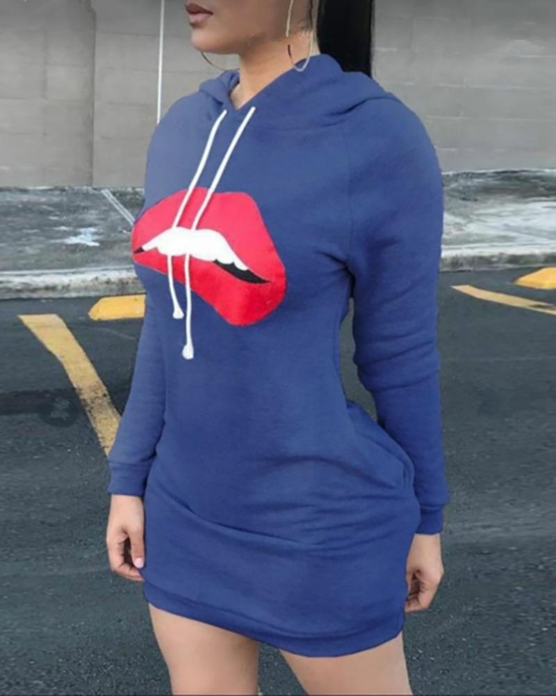

Lip Print Hooded Casual Dress, Blue