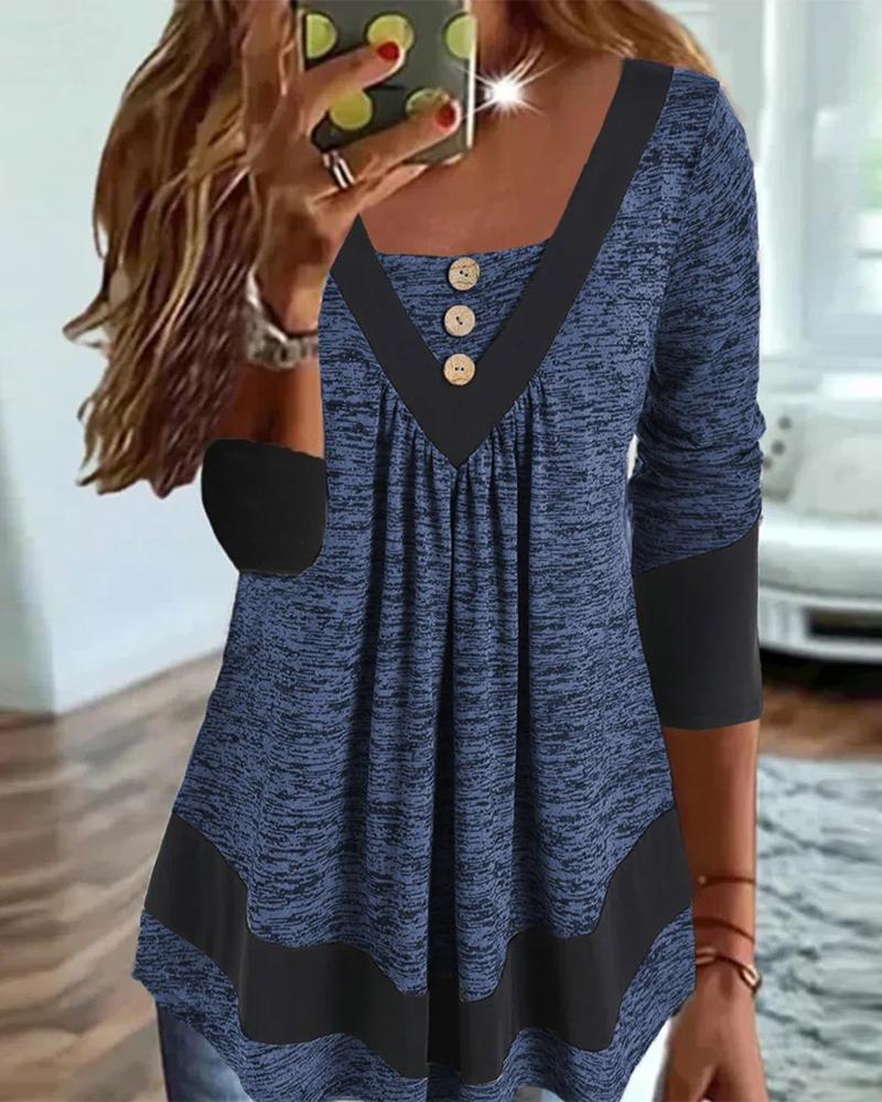 

Contrast Paneled Long Sleeve Casual Top, Blue