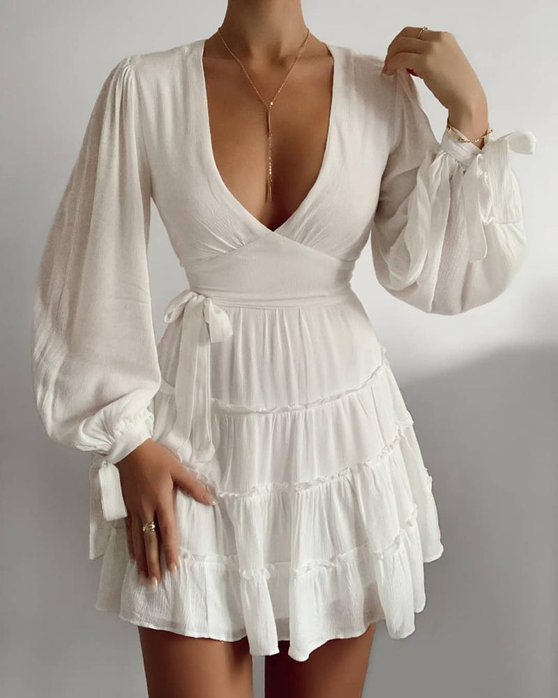 

Lantern Sleeve Tied Cuff Frill Hem Dress, White