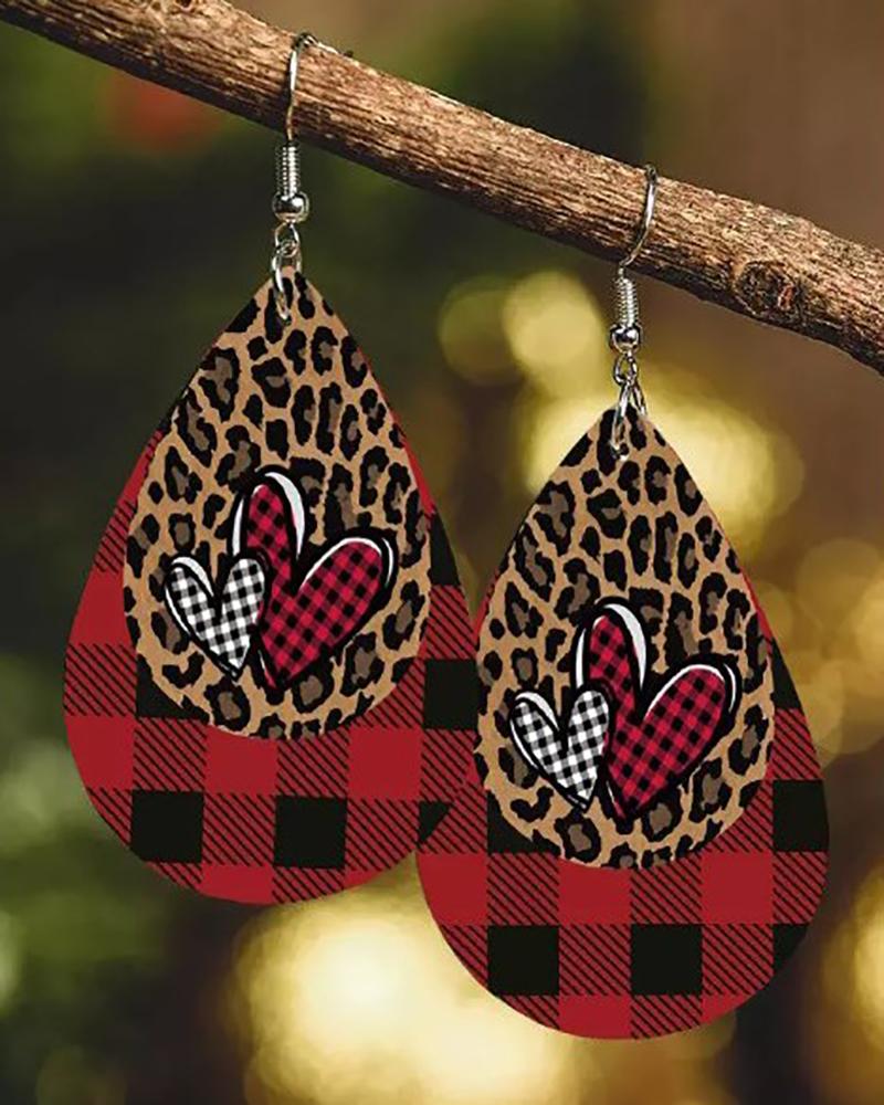 Kaufen Valentine's Day Heart Pattern Cheetah Plaid Print Drop Earrings. Bild