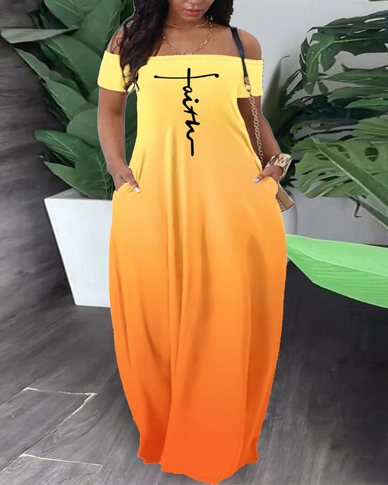 

Plus Size Faith Print Ombre Off Shoulder Maxi Dress, Yellow