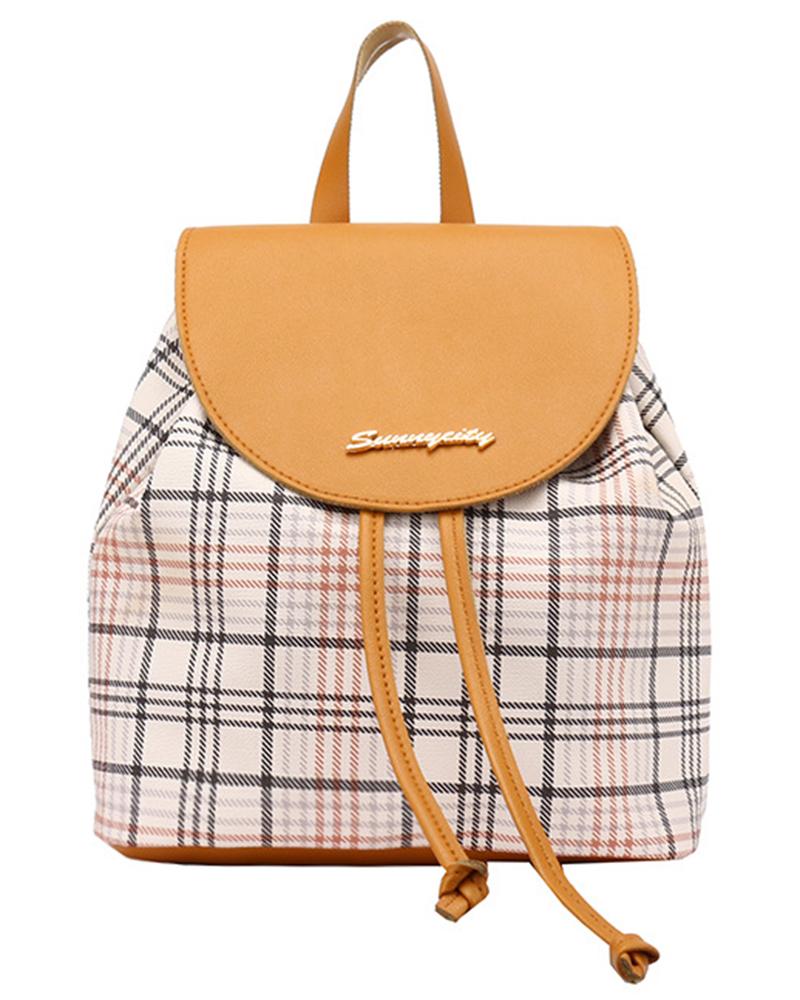 

Plaid Print Colorblock Backpack Trendy School Bag, Yellow