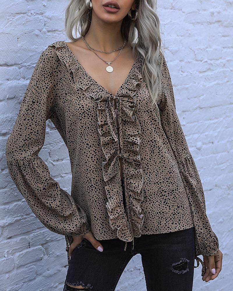 

Cheetah Print Splicing Ruffle Hem Long Sleeve Shirt, Khaki