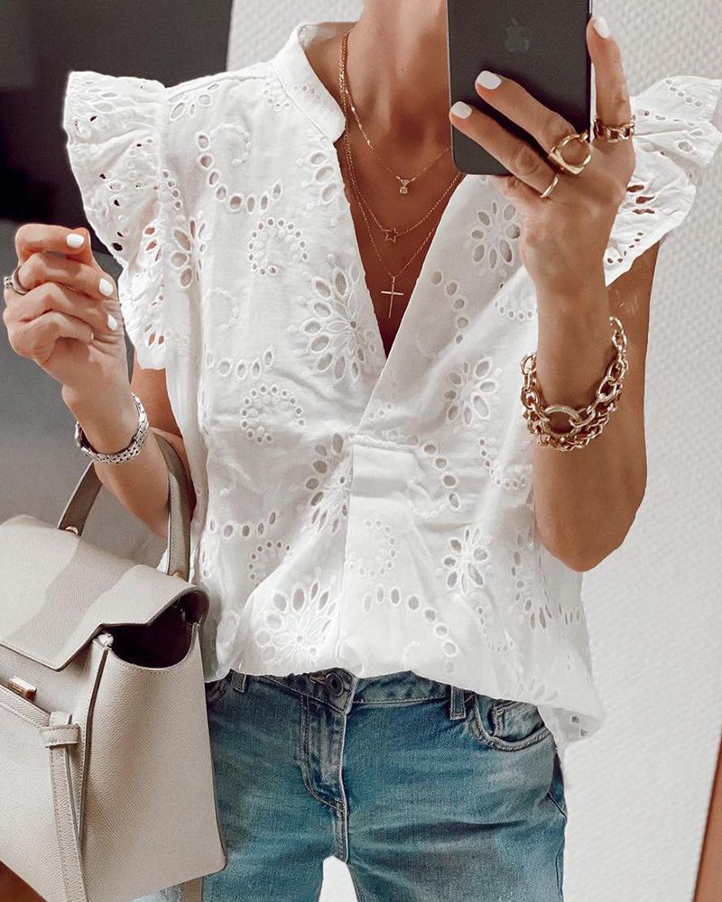

Flutter Sleeve Eyelet Embroidery Top, White