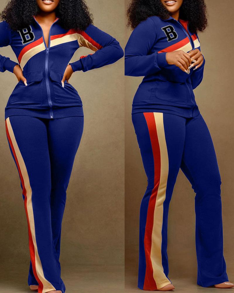 

Contrast Paneled Letter Print Zip Up Top & Pants Set, Blue