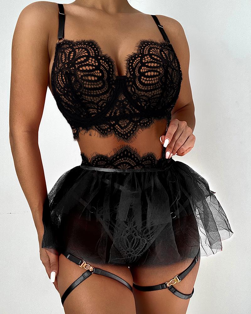 

Eyelash Crochet Lace Garter Lingerie Set With Sheer Mesh Skirt, Black