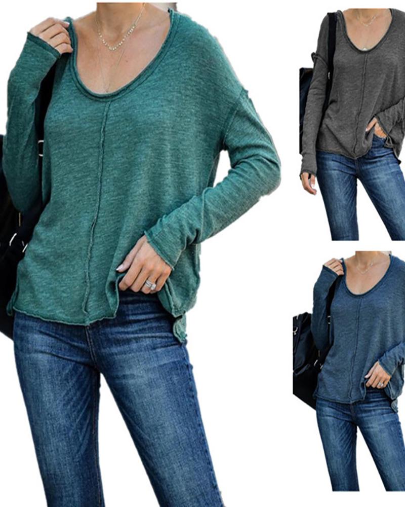 

Drop Shoulder Long Sleeve Basic Top, Green