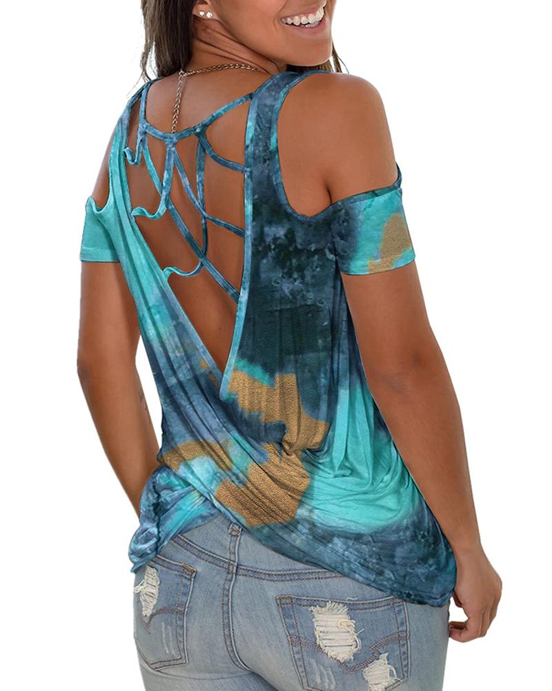 

Marble Print Twist Backless Cold Shoulder Top, Blue