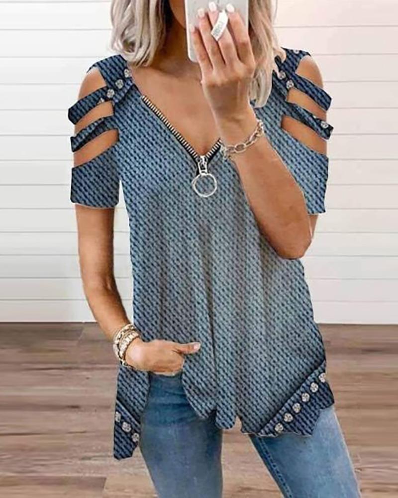 

Zip Front Cutout Sleeve Colorblock Top, Gray