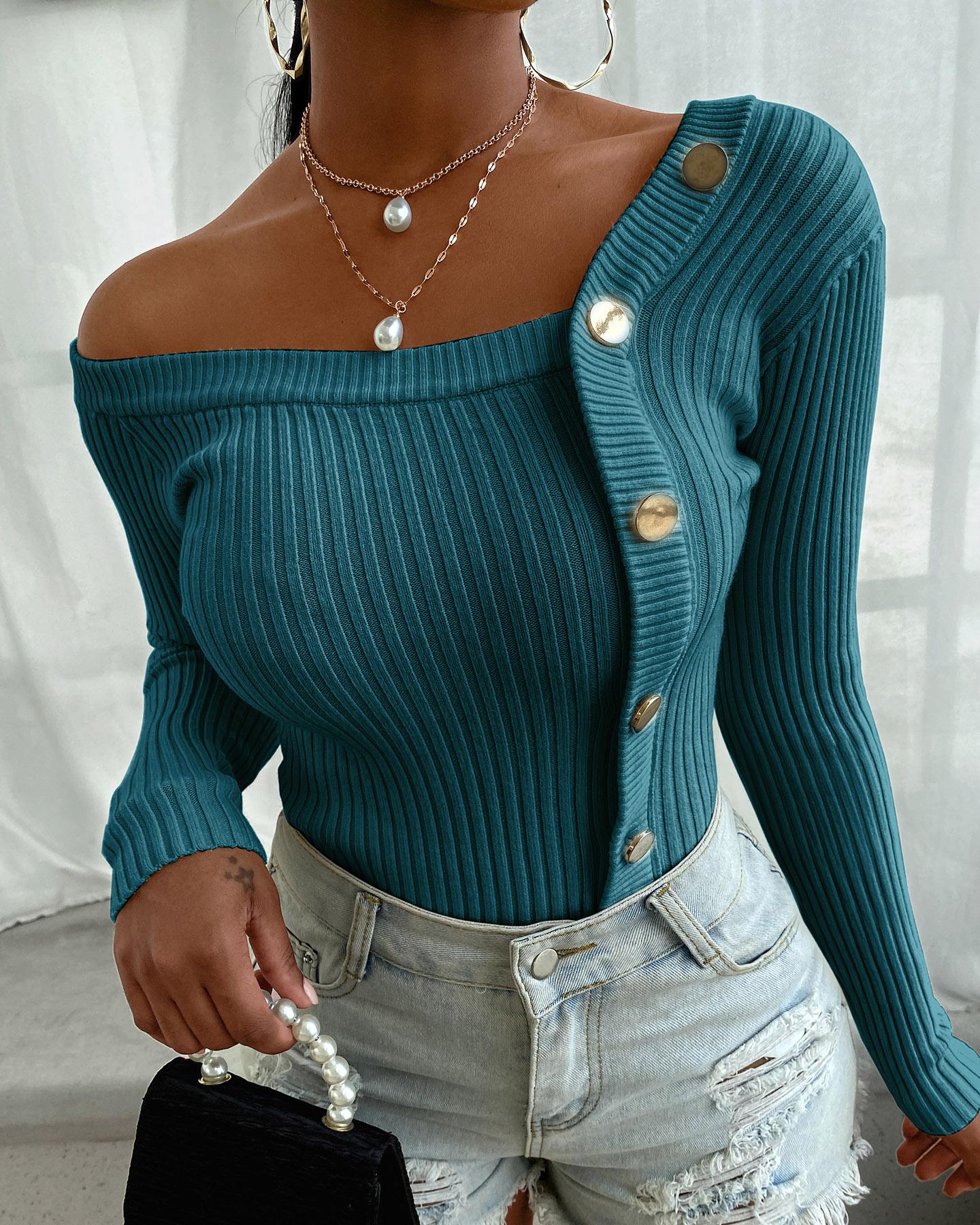 

Button Design Long Sleeve Knit Sweater, Blue